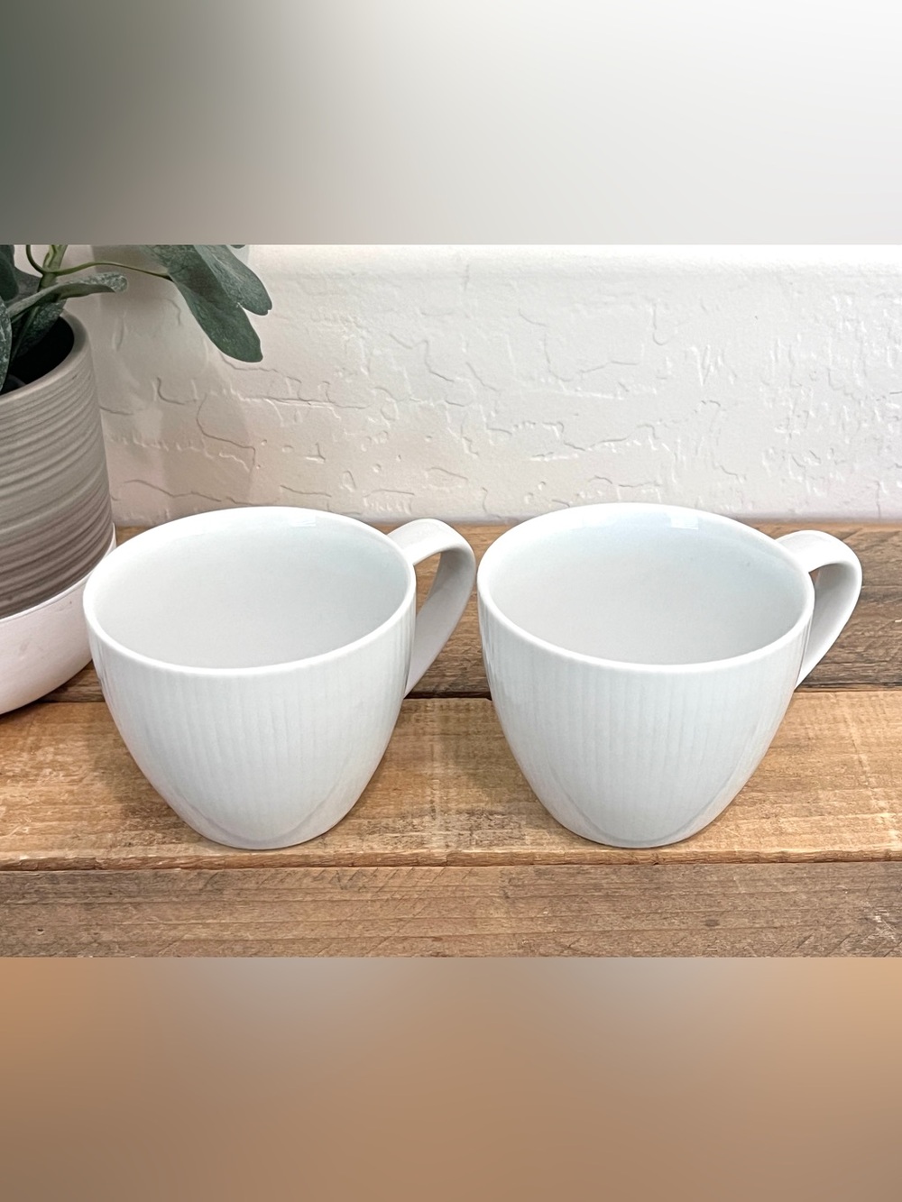 Crate & Barrel White Porcelain Ribbed Mugs - Set of 2